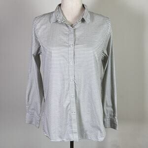 Garnet Hill Button Up Shirt Women's 8 Organic Cotton Striped White/Grey Collared